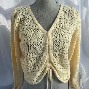 Chic V-Neck Lace Knit Sweater - Soft Yellow